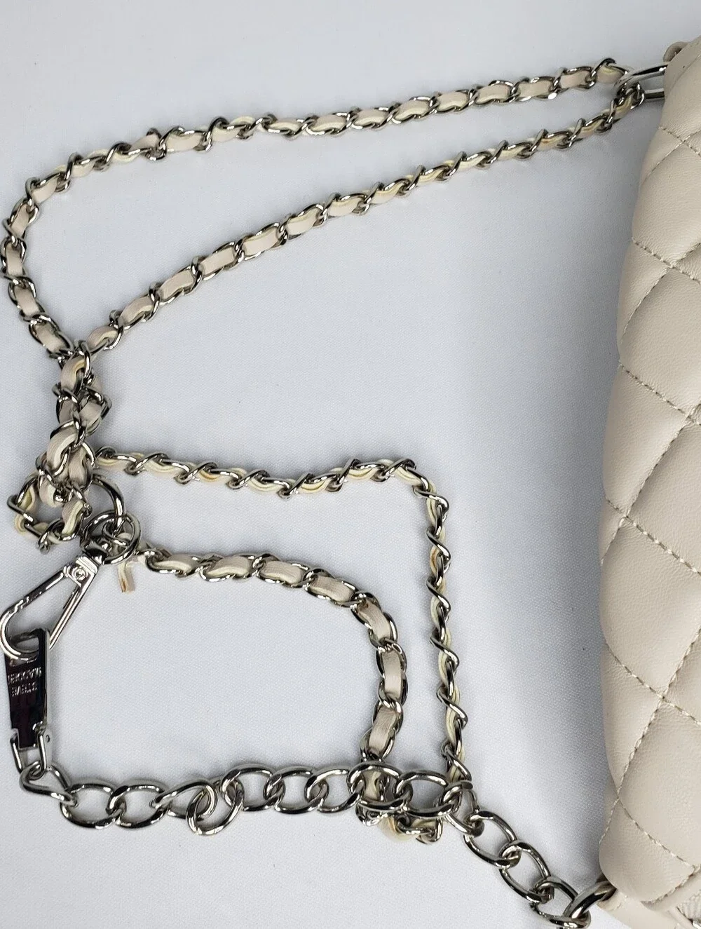 Steve Madden Quilted Cream Crossbody Belt Bag with Silver Chain